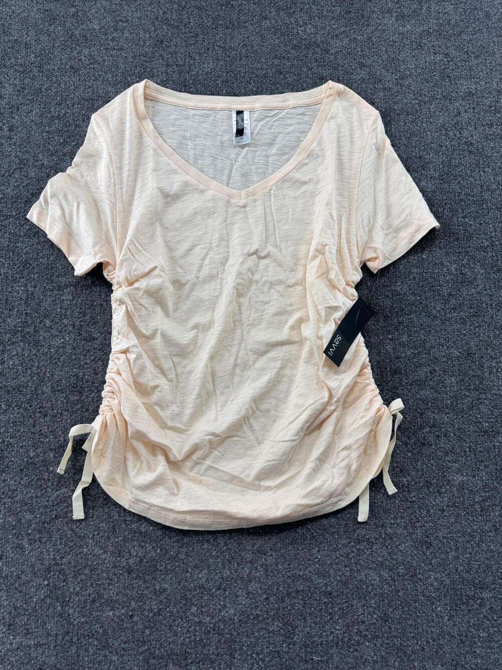 New Savvi Shirt Womens Large Beige Gathered V Neck Ruched Side Tee Top Cotton